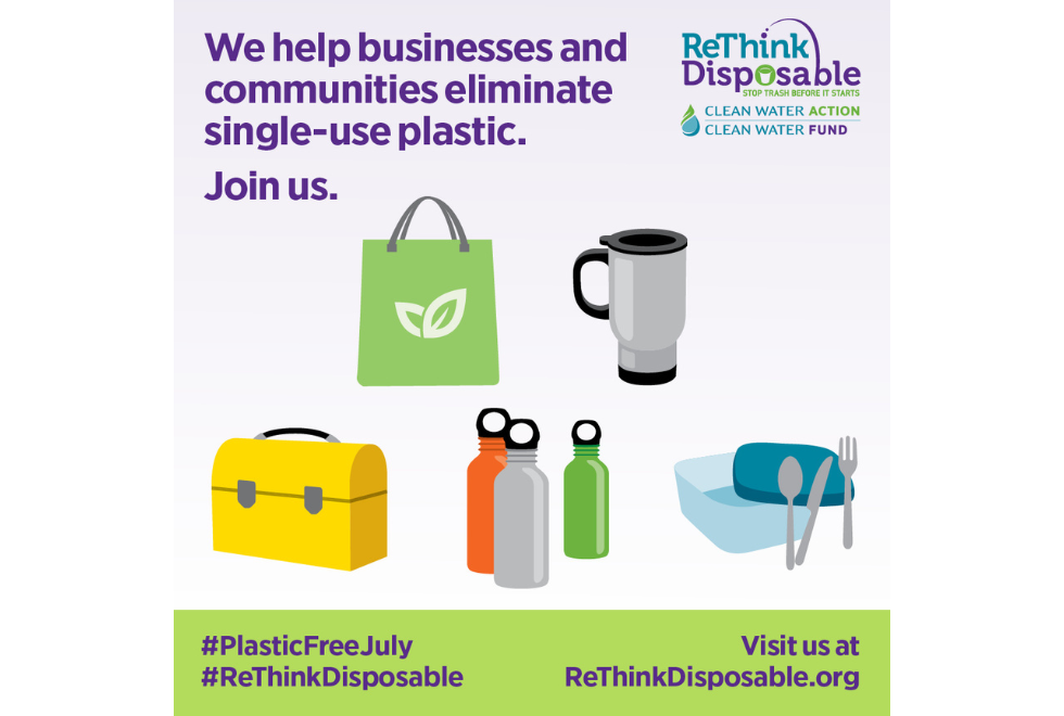 Graphic that says We help businesses eliminate single-use plastic - join us. ReThink Disposable