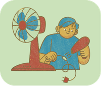 Cartoon of someone fixing the wire on a fan