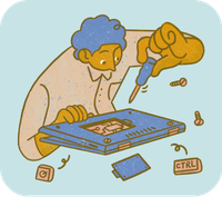 Cartoon of someone fixing a laptop