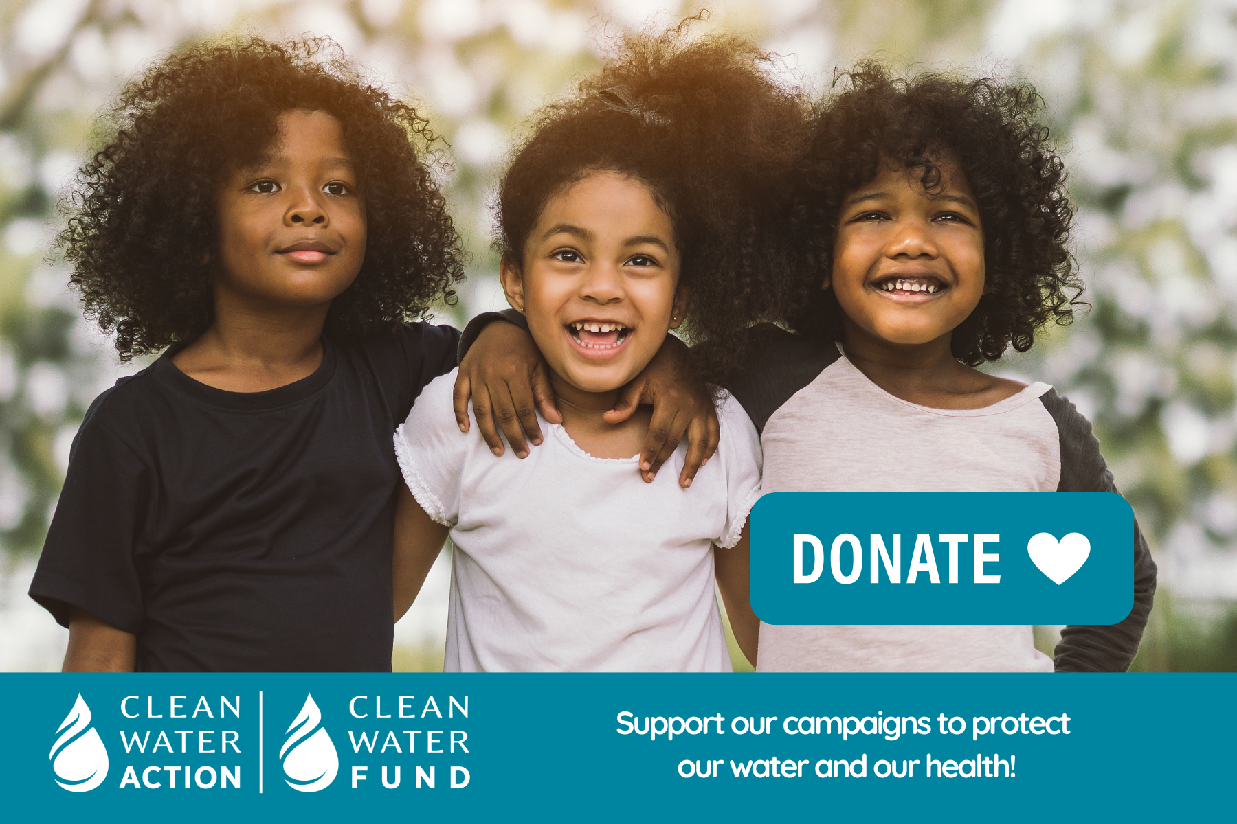 donate graphic - three kids with arms around each other smiling