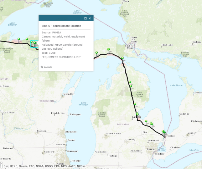 Enbridge Line 5 has spilled at least 1.1M gallons in past 50 years - 1968 Map Highlight. Source Beth Wallace NWF