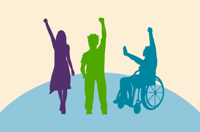 Three figures with raised fists, two standing and one in a wheelchair.