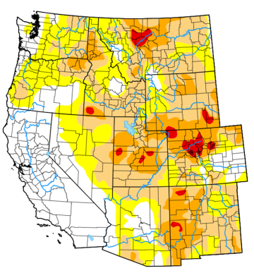 Map of the western US showing droughts, particularly in Colorado and Utah