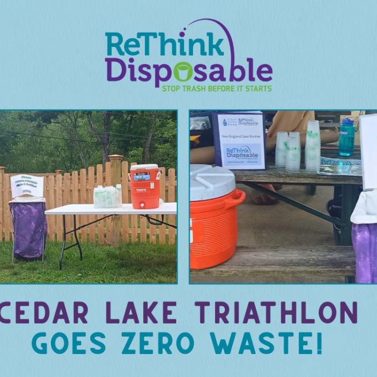 graphic design with rethink disposable logo with text and images featuring Cedar Lake Triathlon going zero waste