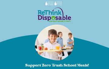 Image of a graphic design with kid holding plate of reusables with ReThink Disposable logo