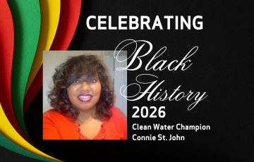 Black History Month graphic with BH background and photo of Connie St. John