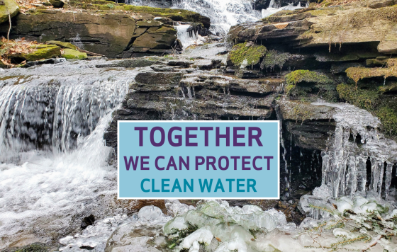 Image of a waterfall with text that says Together, we can protect clean water