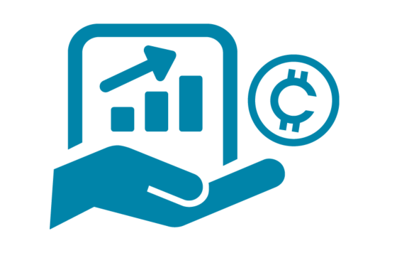 Icon of a bitcoin next to a stock graph